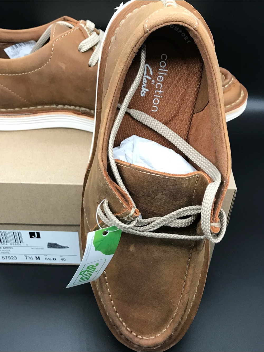 Clarks Men’s Brown Leather Slip-On Moc Toe with Cream Laces